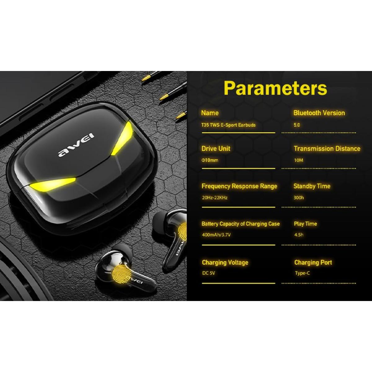 AWEI T35 Gaming Earbuds with Microphone, Wireless Bluetooth High Sensitivity Headphones with Game/Music Mode Breath Lights and 45 ms Ultra Low Latency