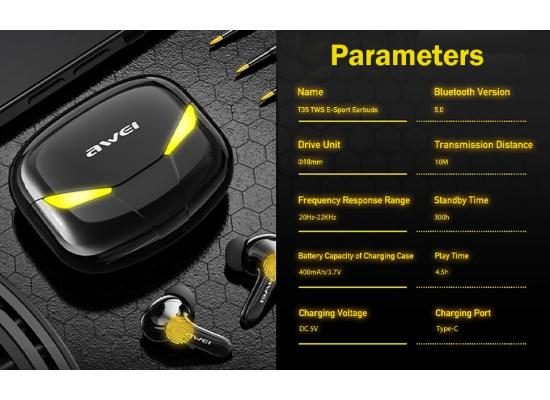 AWEI T35 Gaming Earbuds with Microphone, Wireless Bluetooth High Sensitivity Headphones with Game/Music Mode Breath Lights and 45 ms Ultra Low Latency