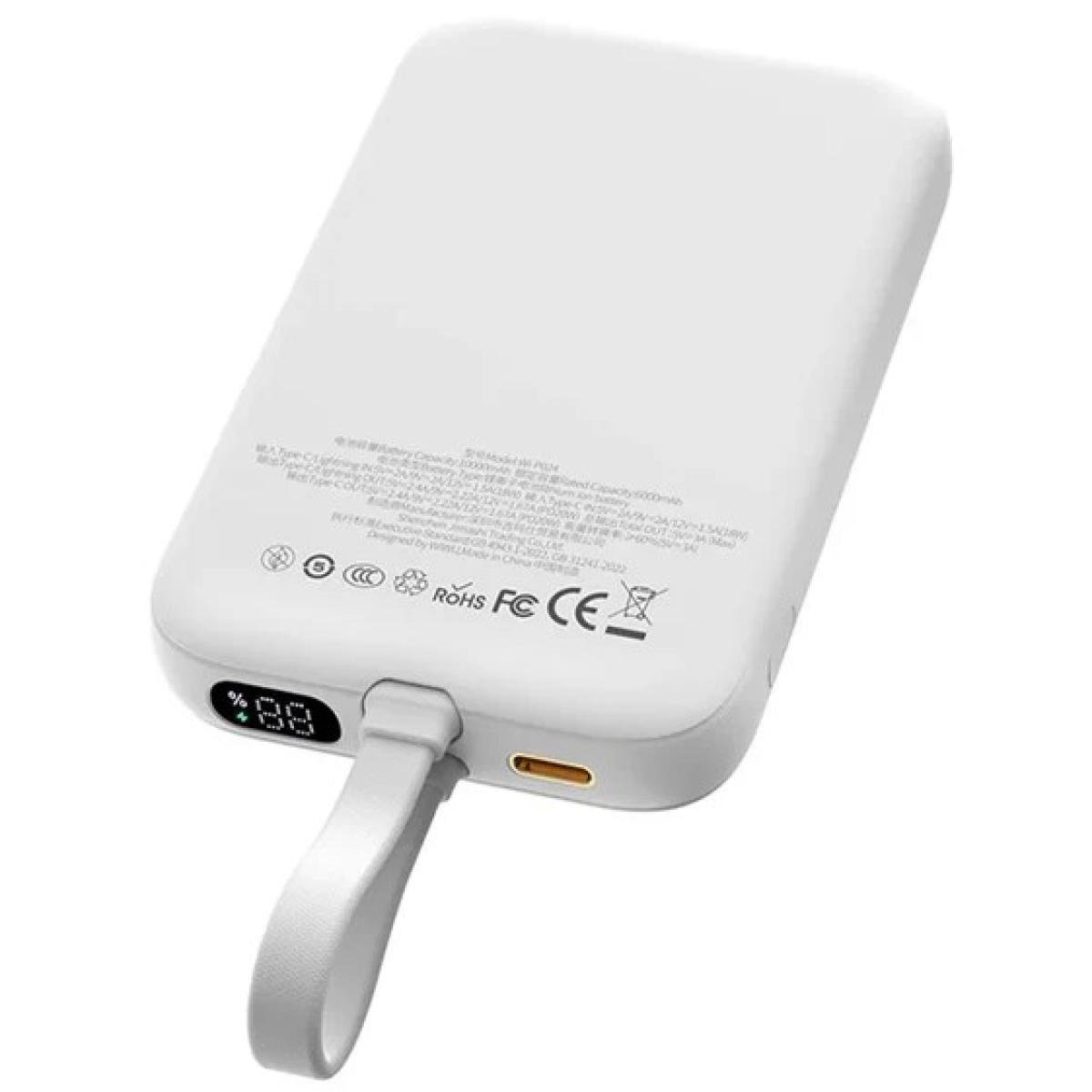 WIWU Wi-P024 10000mAh Magnetic Wireless Charging Power Bank PD 20W Fast Charging Battery Pack with Built-in Cable - White