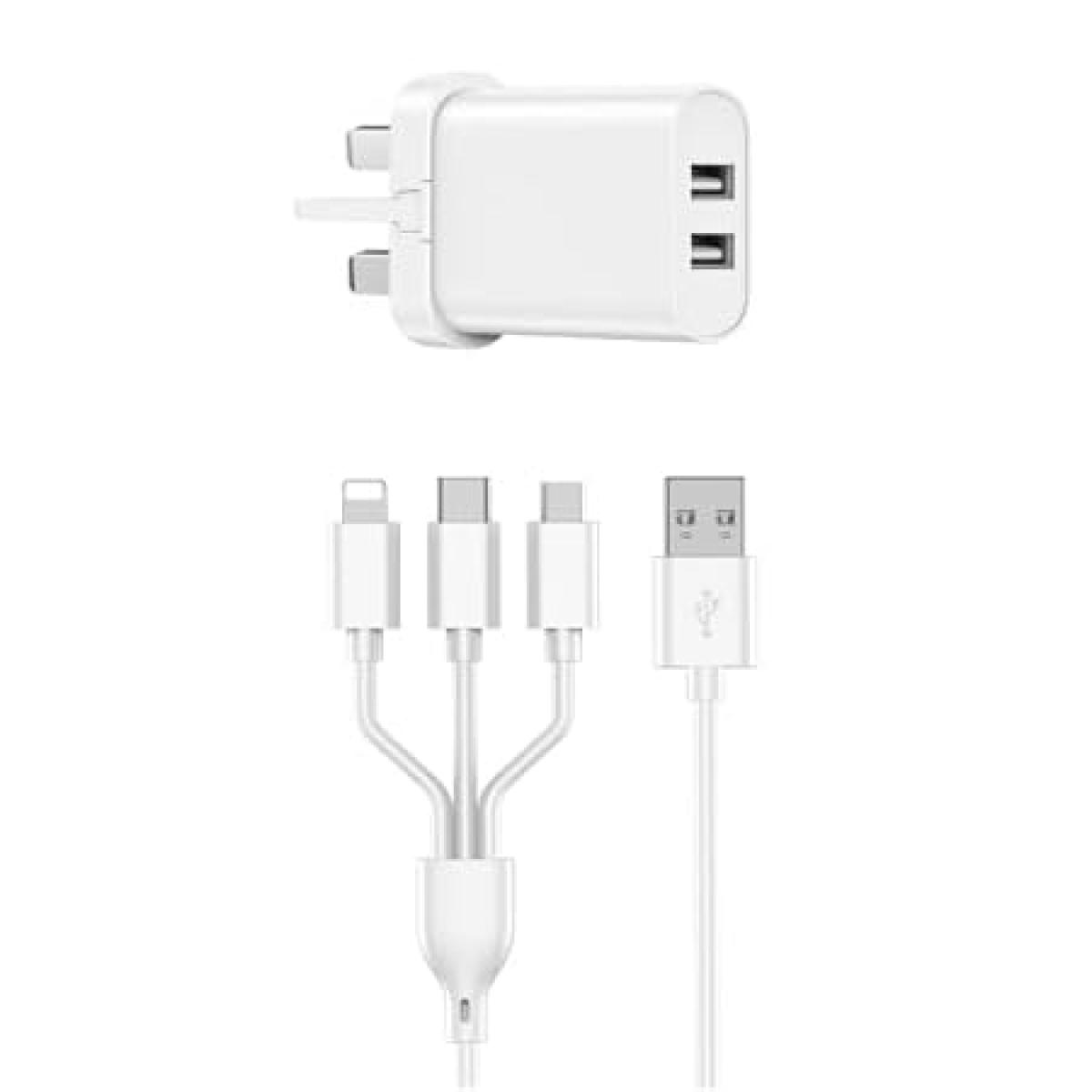 WIWU ELECTROPRIME compatible for WIWU Wi-U003 Quick Series Dual USB Charger with 3 in 1 USB Charging Data Cable Set, UK Plug(White)