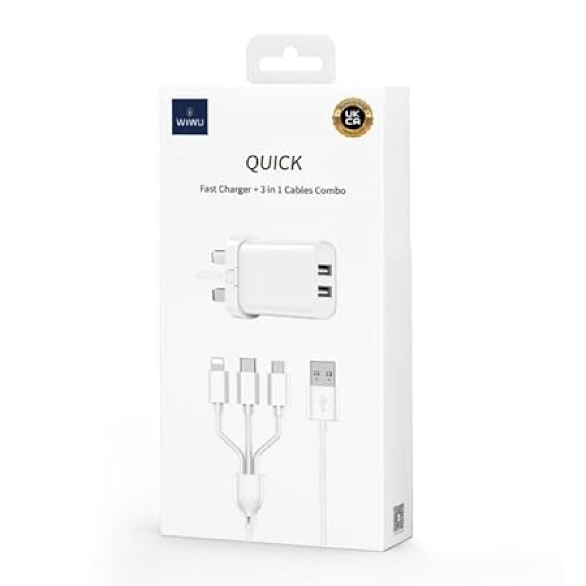 WIWU ELECTROPRIME compatible for WIWU Wi-U003 Quick Series Dual USB Charger with 3 in 1 USB Charging Data Cable Set, UK Plug(White)