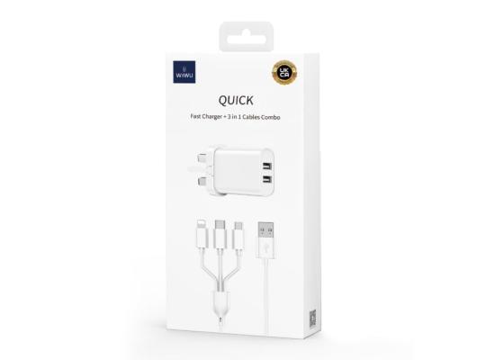 WIWU ELECTROPRIME compatible for WIWU Wi-U003 Quick Series Dual USB Charger with 3 in 1 USB Charging Data Cable Set, UK Plug(White)