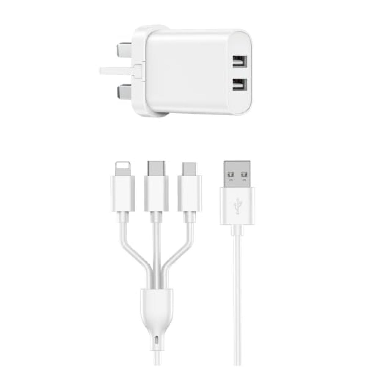 WIWU ELECTROPRIME compatible for WIWU Wi-U003 Quick Series Dual USB Charger with 3 in 1 USB Charging Data Cable Set, UK Plug(White)