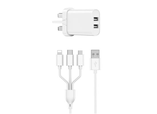 WIWU ELECTROPRIME compatible for WIWU Wi-U003 Quick Series Dual USB Charger with 3 in 1 USB Charging Data Cable Set, UK Plug(White)