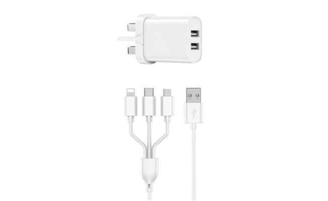 WIWU ELECTROPRIME compatible for WIWU Wi-U003 Quick Series Dual USB Charger with 3 in 1 USB Charging Data Cable Set, UK Plug(White) WIWU ELECTROPRIME compatible for WIWU Wi-U003 Quick Series Dual USB Charger with 3 in 1 USB Charging Data Cable Set, UK Plug(White)