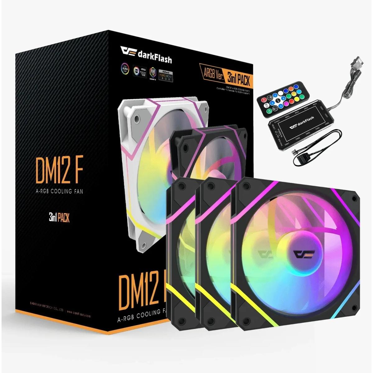 darkFlash DM12F A-RGB High Efficiency Cooling Fan Kit 3in1 w/ Controller, High Quality, Lower Noise w/ Controller - Black