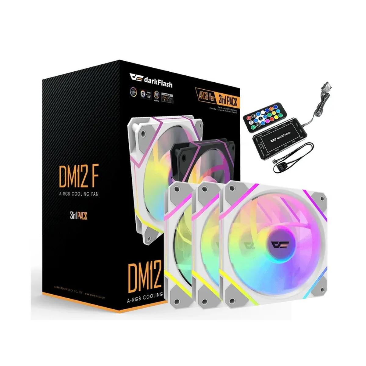 darkFlash DM12F A-RGB High Efficiency Cooling Fan Kit 3in1 w/ Controller, High Quality, Lower Noise w/ Controller - White