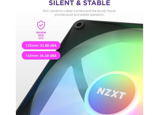 NZXT F120 RGB Core Triple Pack 3IN1 (Black) PWM Airflow Fans & Controller, Fluid Dynamic Bearing (FDB) For Quiet & Cool Operations, Elegant Frame Design & Anti-Vibration Rubber Corners