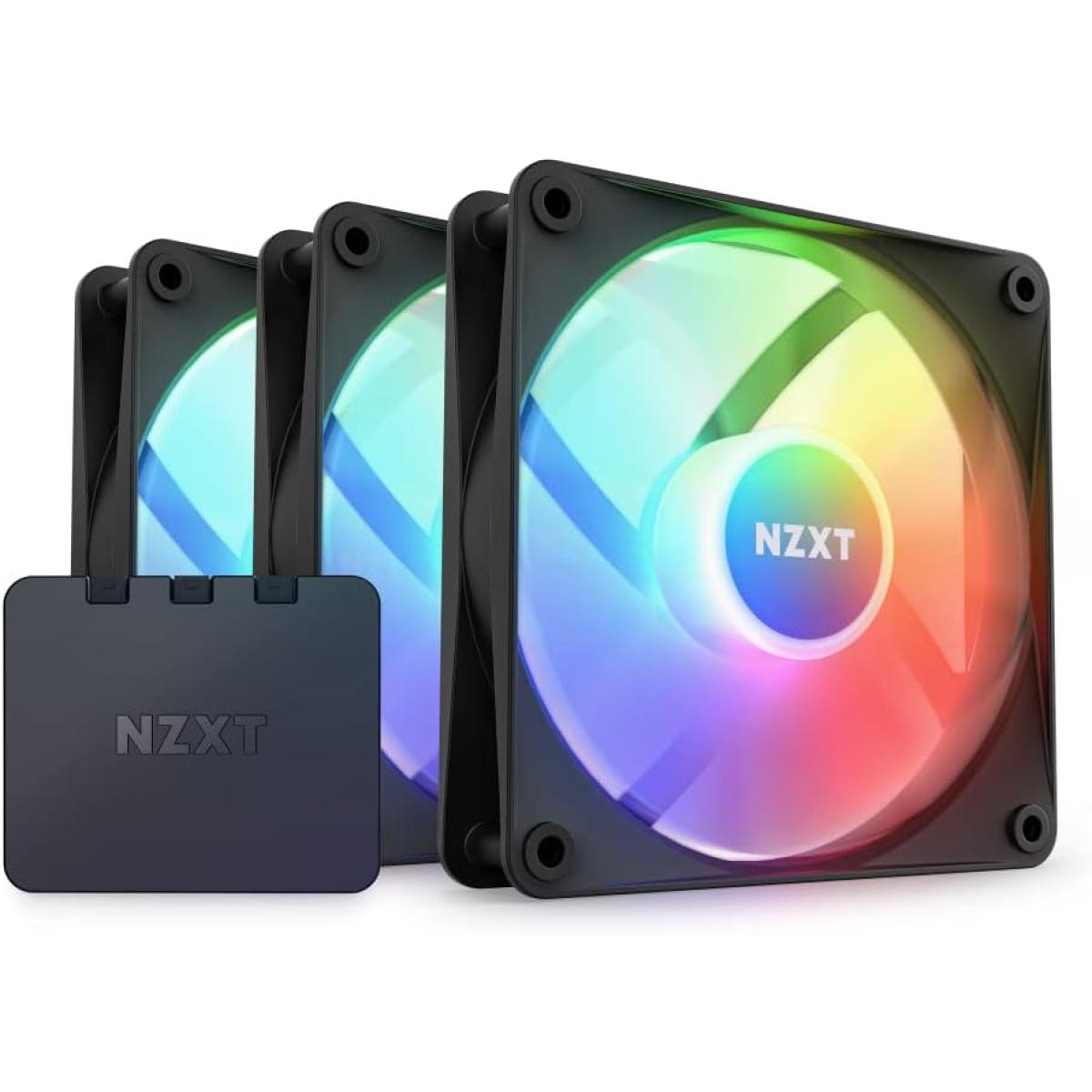 NZXT F120 RGB Core Triple Pack 3IN1 (Black) PWM Airflow Fans & Controller, Fluid Dynamic Bearing (FDB) For Quiet & Cool Operations, Elegant Frame Design & Anti-Vibration Rubber Corners