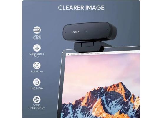 AUKEY 1080p Full HD Webcam, High Image Quality For Video Calling, Recording & Gaming, 1080@30Fps, 2-megapixel, Plug & Play w/ Dual Stereo Mics & Noise Reduction Microphones