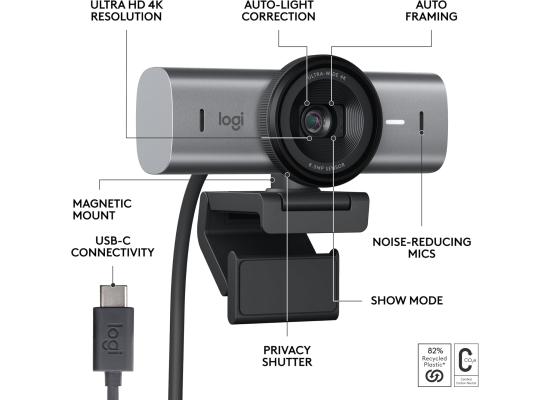 Logitech MX Brio 4K Ultra HD Streaming Webcam w/ AI Image Enhancement, 8.5MP Sony Image sensor, 4x Digital Zoom, 4K @ 30fps / 1080p @ 60fps, Dual Noise-Reducing Microphones, USB-C, Logi Software On MacOS & Win