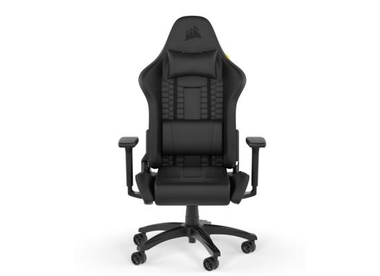 CORSAIR TC100 RELAXED Leather Gaming Chair Relaxed Seat Style, High-Density Foam, Breathable Leatherette, Steel Frame, 2D Armrests, Memory Foam Neck & Lumbar Pillow, Up To 100mm Height Range, Up To 120KG Weight, 90-160° Recline - Black/Black