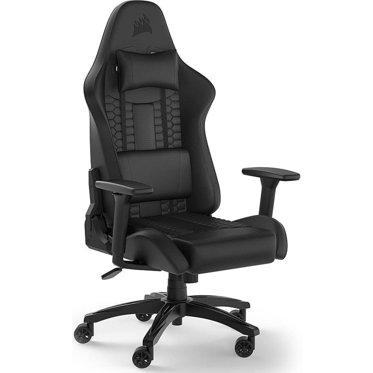CORSAIR TC100 RELAXED Leather Gaming Chair Relaxed Seat Style, High-Density Foam, Breathable Leatherette, Steel Frame, 2D Armrests, Memory Foam Neck & Lumbar Pillow, Up To 100mm Height Range, Up To 120KG Weight, 90-160° Recline - Black/Black
