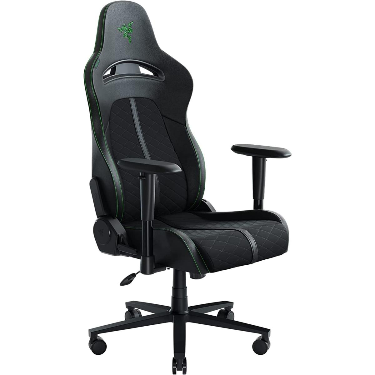 Razer Iskur V2 (Black & Green) Essential Leather Ergonomic Gaming Chair w/ High Density Foam, Optimized Cushion Density, 2D Armrests, Built-In Lumbar Arch, Up To 136kg Max Weight & Up to 152° Recline