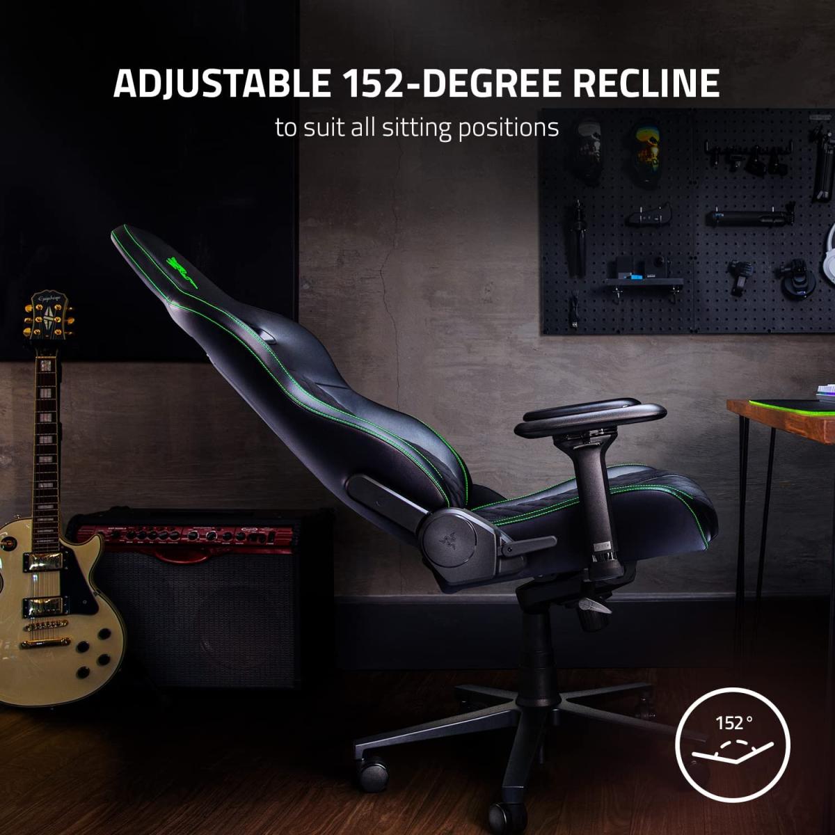 Razer Iskur V2 (Black & Green) Essential Leather Ergonomic Gaming Chair w/ High Density Foam, Optimized Cushion Density, 2D Armrests, Built-In Lumbar Arch, Up To 136kg Max Weight & Up to 152° Recline