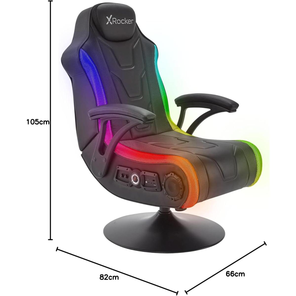 X-Rocker Monsoon RGB 4.1 Audio Pedestal Gaming Chair, 4.1 Surround Sound Light Up Gaming Seat w/ 30 Neo Motion RGB Settings, Bluetooth Wireless Speakers, Subwoofer and Vibration, Padded Armrests Faux Leather - BLACK
