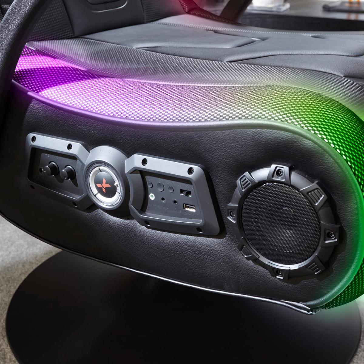 X-Rocker Monsoon RGB 4.1 Audio Pedestal Gaming Chair, 4.1 Surround Sound Light Up Gaming Seat w/ 30 Neo Motion RGB Settings, Bluetooth Wireless Speakers, Subwoofer and Vibration, Padded Armrests Faux Leather - BLACK