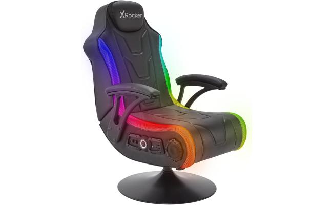 X-Rocker Monsoon RGB 4.1 Audio Pedestal Gaming Chair, 4.1 Surround Sound Light Up Gaming Seat w/ 30 Neo Motion RGB Settings, Bluetooth Wireless Speakers, Subwoofer and Vibration, Padded Armrests Faux Leather - BLACK