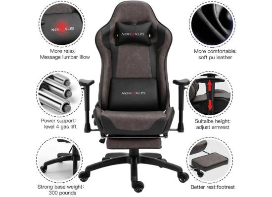 NOKAXUS Gaming Chair w/ Strong Metal Frame, High Density Foam, Leather, Reclining 90-180 Degrees, Footrest, 2D Armrest, Head Pillow & Waist (USB Massage Function) Cushion, Weight Load (100-160 Kg)  - Brown