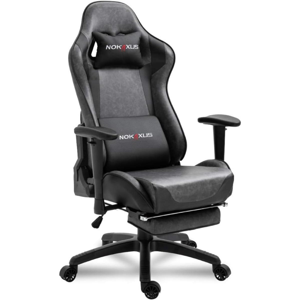 NOKAXUS Gaming Chair w/ Strong Metal Frame, High Density Foam, Leather, Reclining 90-180 Degrees, Footrest, 2D Armrest, Head Pillow & Waist (USB Massage Function) Cushion, Weight Load (100-160 Kg) - Gray