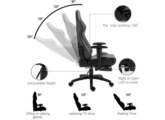 NOKAXUS Gaming Chair w/ Strong Metal Frame, High Density Foam, Leather, Reclining 90-180 Degrees, Footrest, 2D Armrest, Head Pillow & Waist (USB Massage Function) Cushion, Weight Load (100-160 Kg) - Gray