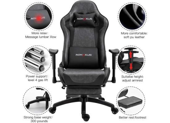 NOKAXUS Gaming Chair w/ Strong Metal Frame, High Density Foam, Leather, Reclining 90-180 Degrees, Footrest, 2D Armrest, Head Pillow & Waist (USB Massage Function) Cushion, Weight Load (100-160 Kg)  - Gray
