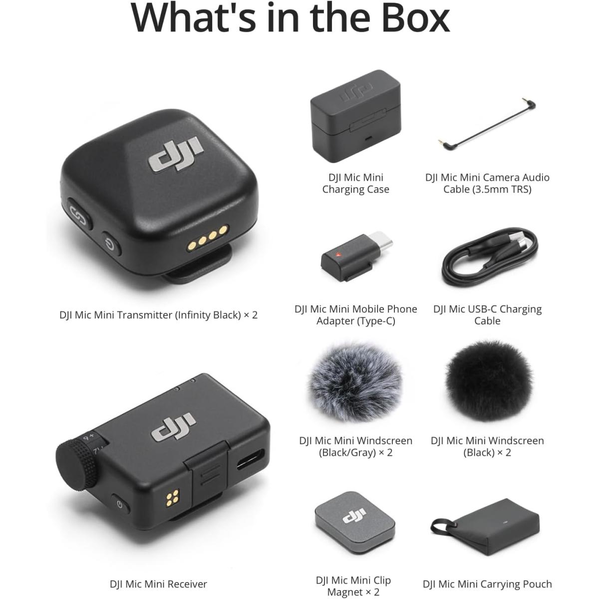DJI Mic Mini (2 TX + 1 RX + Charging Case) Wireless Lavalier Microphone, Ultralight, Noise Cancelling, Up to 48-Hour Battery Life Bundle with 2 x Deco Gear Lapel Microphone and 5" EVA Case