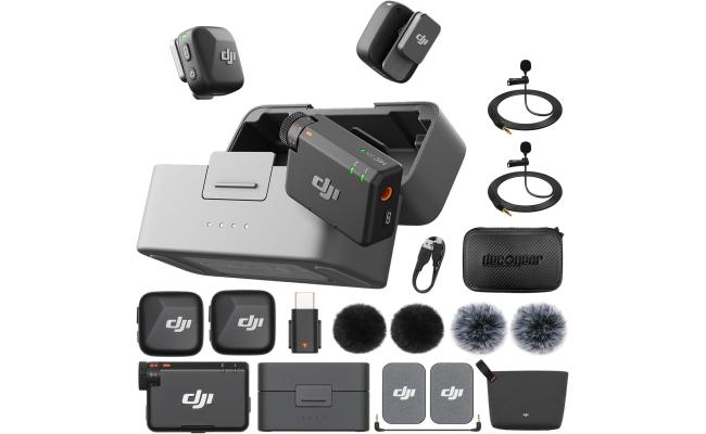 DJI Mic Mini (2 TX + 1 RX + Charging Case) Wireless Lavalier Microphone, Ultralight, Noise Cancelling, Up to 48-Hour Battery Life Bundle with 2 x Deco Gear Lapel Microphone and 5" EVA Case