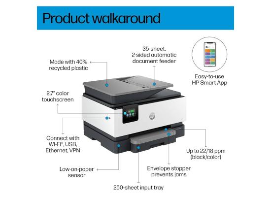 HP OfficeJet Pro 9123 All-in-One Printer, Print, copy, scan, fax, Wireless, Automatic document feeder, Two-sided printing, Two-sided scanning.