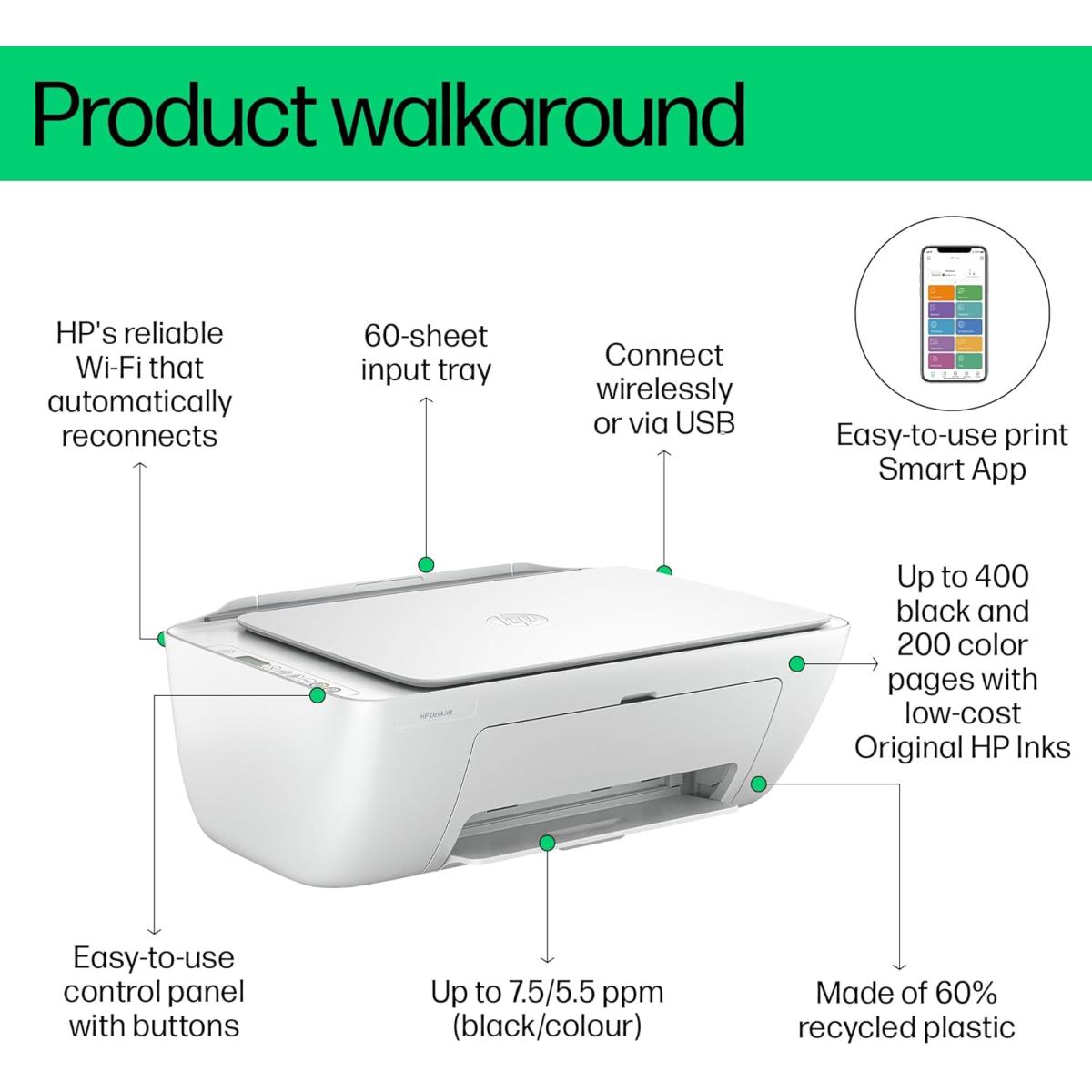 HP DeskJet Ink Advantage 2875 Wireless Print, Copy, Scan, All-in-One Printer - White [60K47C]
