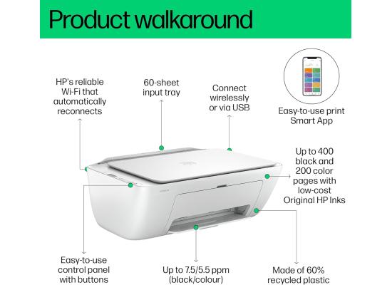 HP DeskJet Ink Advantage 2875 Wireless Print, Copy, Scan, All-in-One Printer - White [60K47C]