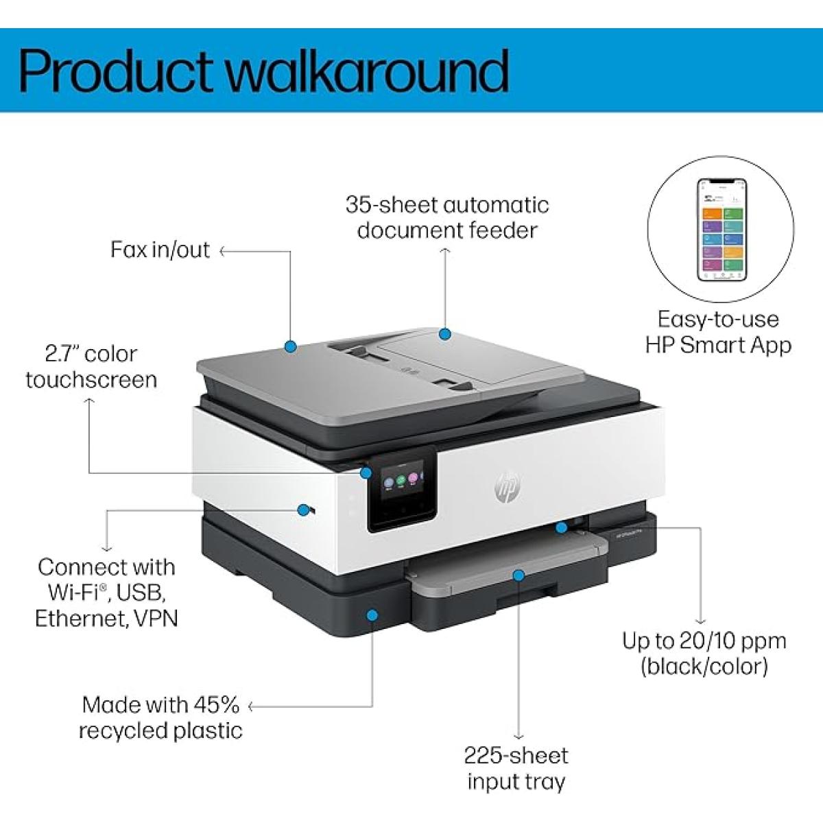 HP OfficeJet Pro 8123 All-in-One Printer, A4 , Color, Print, Copy, Scan, Wireless, Automatic document feeder, Two-sided printing, Touchscreen, Quiet mode, Light Cement - 405W0C