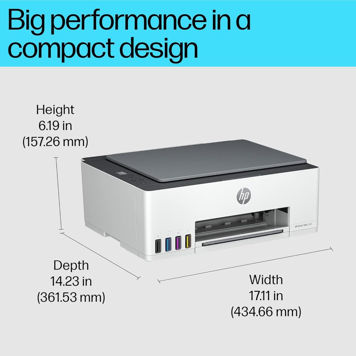 HP Smart Tank 580 All-in-One (Print/Copy/Scan) WiFi (Bluetooth, USB, Wi-Fi) Colour Wireless Ink Printer, 400 to 800 Recommended Monthly Page Volume, Smart buttons, Low-on-ink sensors