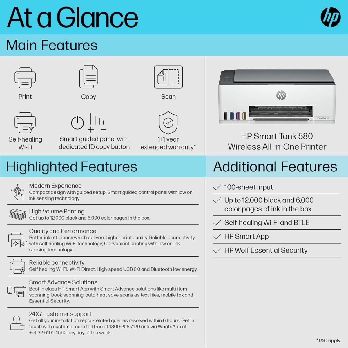 HP Smart Tank 580 All-in-One (Print/Copy/Scan) WiFi (Bluetooth, USB, Wi-Fi) Colour Wireless Ink Printer, 400 to 800 Recommended Monthly Page Volume, Smart buttons, Low-on-ink sensors