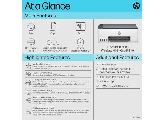HP Smart Tank 580 All-in-One (Print/Copy/Scan) WiFi (Bluetooth, USB, Wi-Fi) Colour Wireless Ink Printer, 400 to 800 Recommended Monthly Page Volume, Smart buttons, Low-on-ink sensors