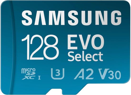 Samsung EVO Select microSD Memory Card + Adapter, 128GB microSDXC, Up-to 160 MB/s, 4K UHD, UHS-I, C10, U3, V30, A2, for Mobile Phone, Smartphones, Nintendo-Switch, and Tablets (MB-ME128SA/AM)