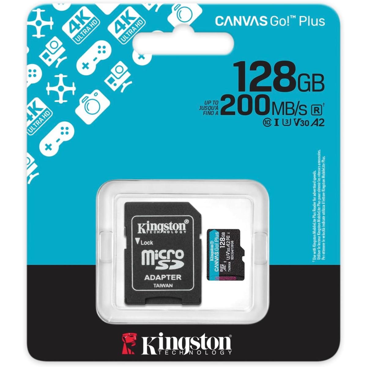 Kingston Canvas Go Plus 128GB microSD Card | Up to 200MB/s | Class 10, UHS-I, U3, V30, A2 | SDCG4/128GB