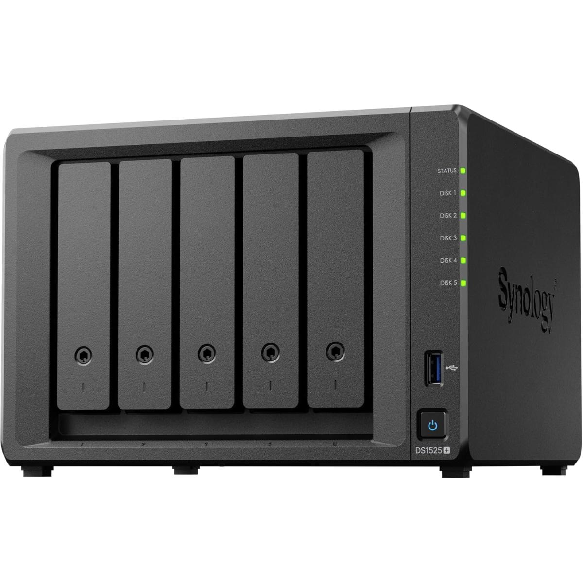 Synology 5-Bay DiskStation DS1525+, Up to 1,181/1,180 MB/s sequential read/write, Built-in 2.5GbE ports for fast connectivity out of the box with support for 10GbE.