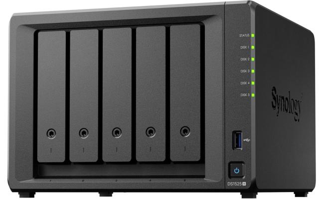 Synology 5-Bay DiskStation DS1525+, Up to 1,181/1,180 MB/s sequential read/write, Built-in 2.5GbE ports for fast connectivity out of the box with support for 10GbE.