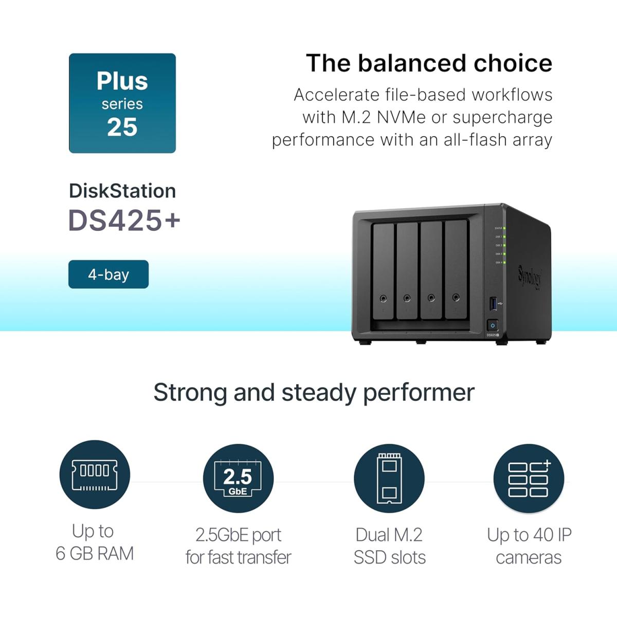 Synology 4-Bay DiskStation DS425+, Up to 278/281 MB/s sequential read/write, Store up to 80 TB of data in one place. Synology 4-Bay DiskStation DS425+, Up to 278/281 MB/s sequential read/write, Store up to 80 TB of data in one place.