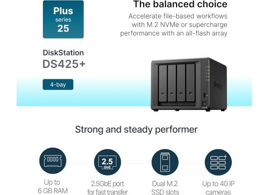 Synology 4-Bay DiskStation DS425+, Up to 278/281 MB/s sequential read/write, Store up to 80 TB of data in one place.