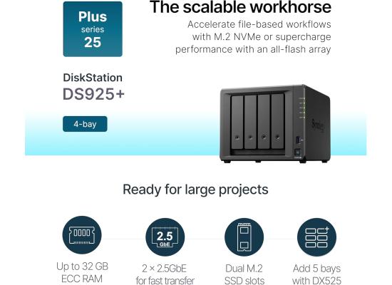 Synology 4-Bay DiskStation DS925+, Up to 522/565 MB/s sequential read/write, Dual 2.5GbE ports provide fast network transfer speeds.