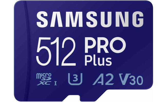 Samsung PRO Plus microSD Memory Card + Adapter, 512GB microSDXC, Up to 180 MB/s, Full HD & 4K UHD, UHS I, C10, U3, V30, A2, for Android Smartphones, Tablets, GoPRO, and DJI Drone (MB MD512SA/AM)