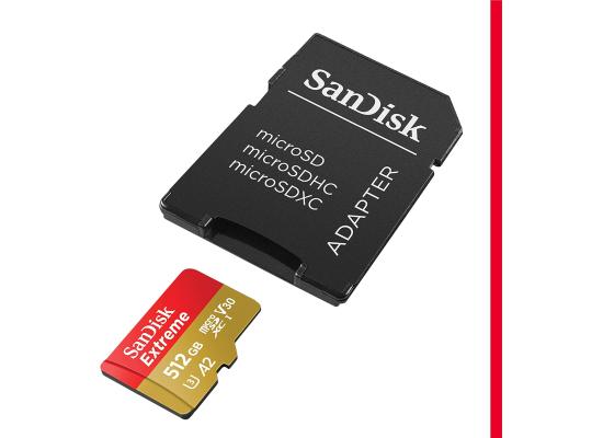 SanDisk 512GB Extreme microSDXC UHS-I Memory Card with Adapter - Up to 190MB/s, C10, U3, V30, 4K, 5K, A2, Micro SD Card - SDSQXAV-512G-GN6MA