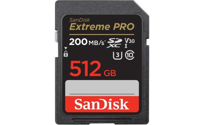 SanDisk 512GB Extreme PRO UHS-I SDXC Memory Card, Max Read Speed: 200 MB/s.