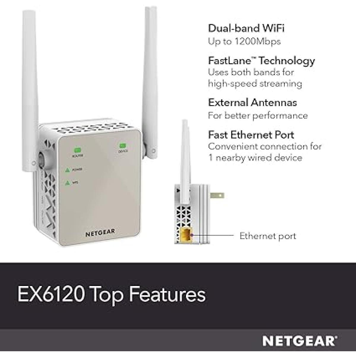 NETGEAR Wi-Fi Range Extender EX6120 - Coverage Up to 1500 Sq Ft and 25 Devices with AC1200 Dual Band Wireless Signal Booster & Repeater (Up to 1200Mbps Speed), and Compact Wall Plug Design, White