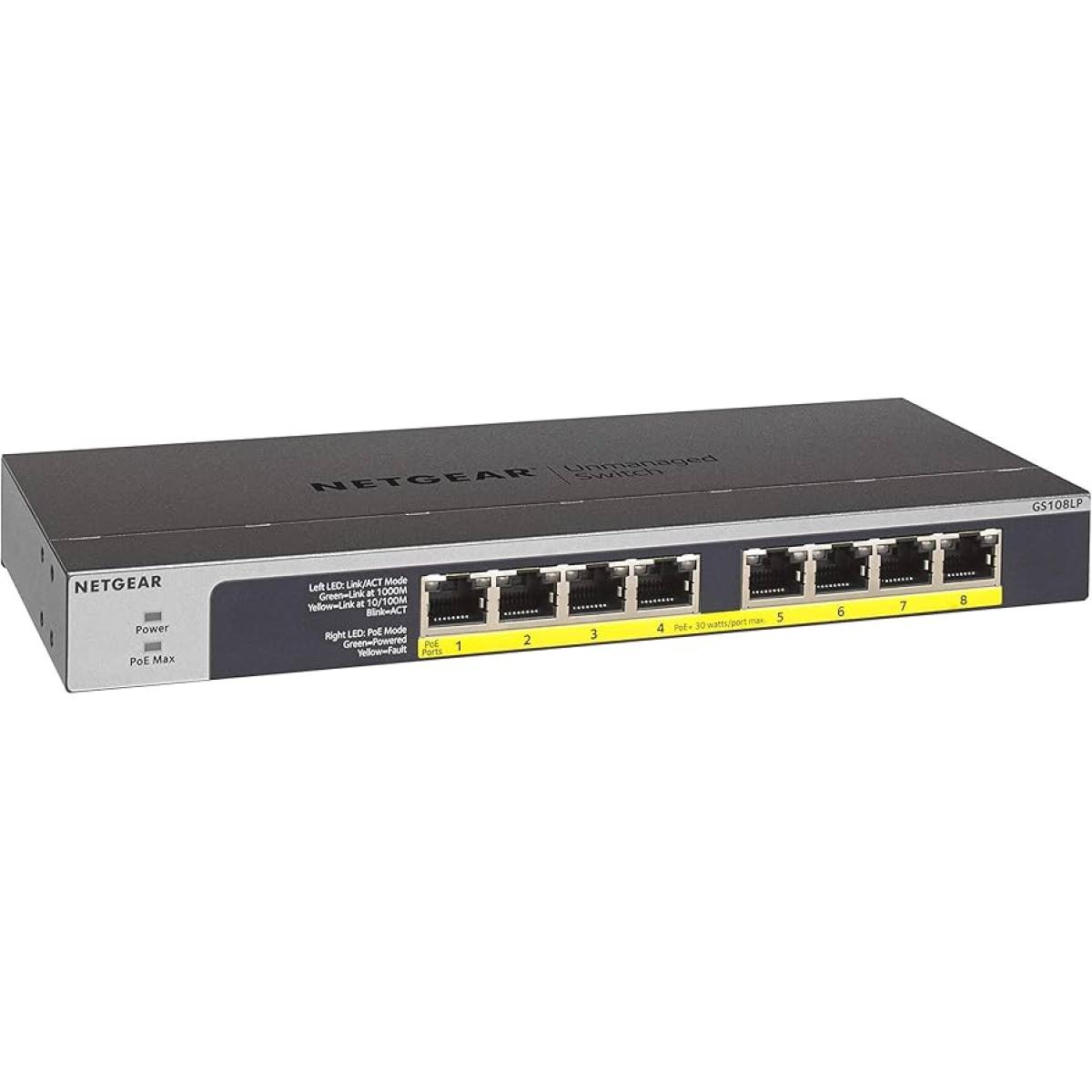NETGEAR (GS108LP) 8-Port Gigabit Ethernet Unmanaged PoE/PoE+ Switch 60W Upgradeable, Desktop, Wall Mount or Rackmount