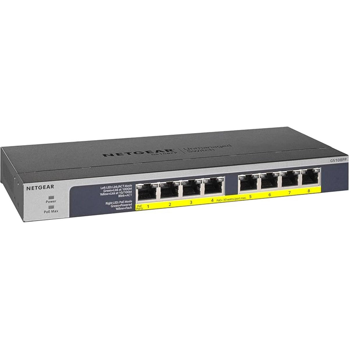 NETGEAR 8-Port Gigabit Ethernet Unmanaged PoE Switch (GS108PP) - with 8 x PoE+ @ 123W Upgradeable, Desktop, Wall Mount or Rackmount, and Limited Lifetime Protection