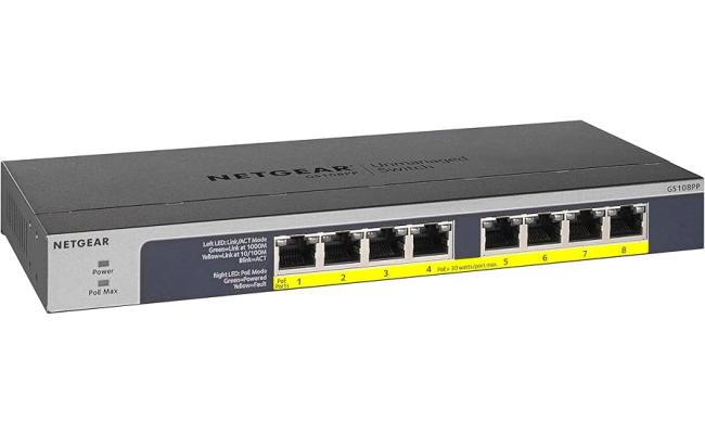 NETGEAR 8-Port Gigabit Ethernet Unmanaged PoE Switch (GS108PP) - with 8 x PoE+ @ 123W Upgradeable, Desktop, Wall Mount or Rackmount, and Limited Lifetime Protection