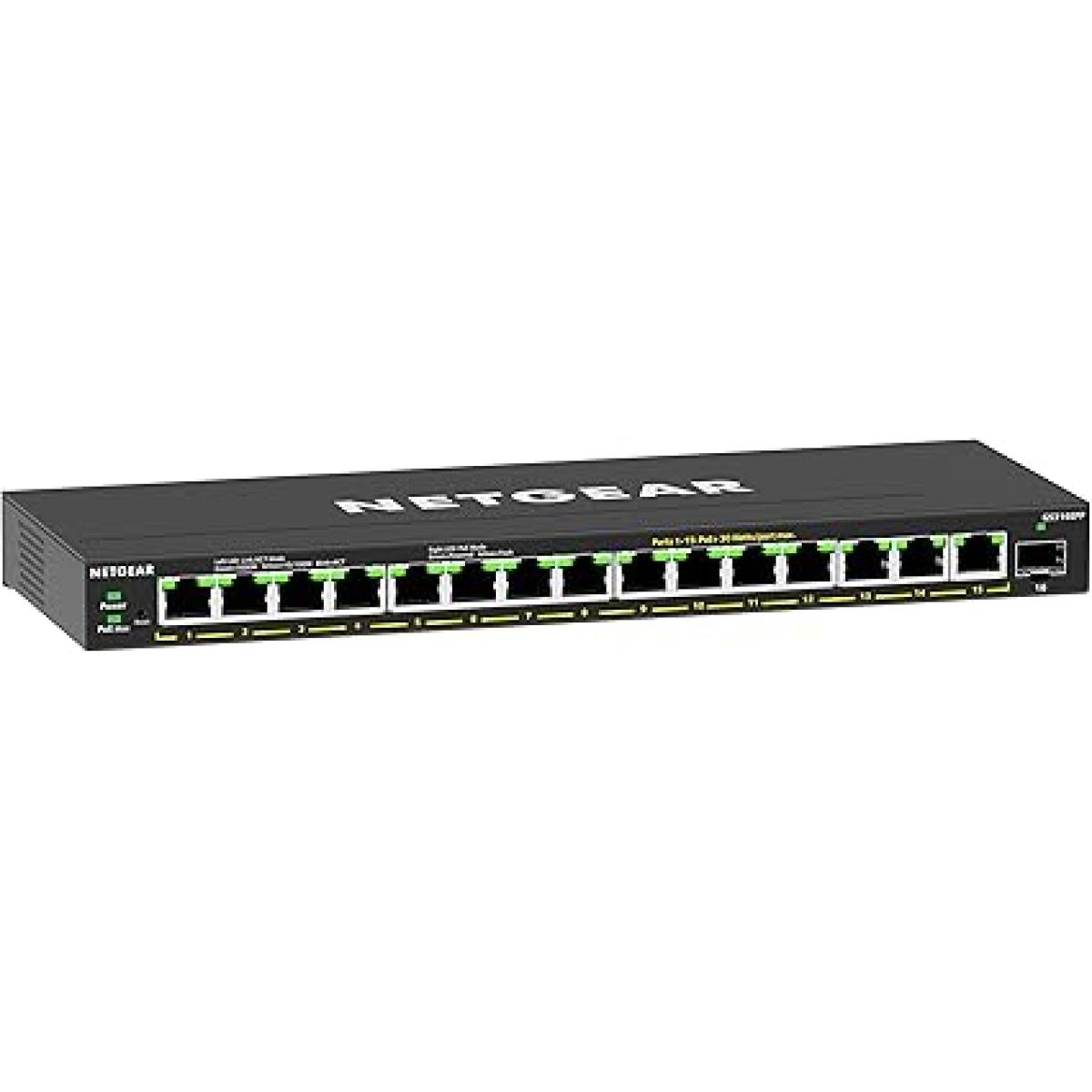 NETGEAR 16-Port PoE Gigabit Ethernet Plus Switch (GS316EPP) - Managed, with 15 x PoE+ @ 231W, 1 x 1G SFP Port, Desktop or Wall Mount